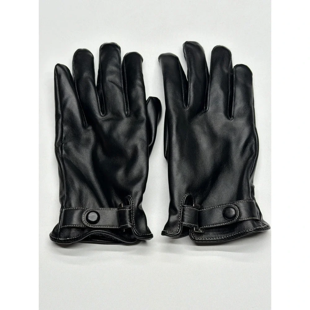 Black Faux Leather Gloves‎ Women Winter Warm Lined Snap Button Accent